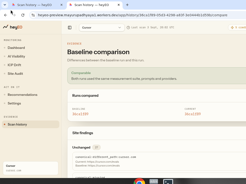 Baseline comparison page showing comparable runs and site findings