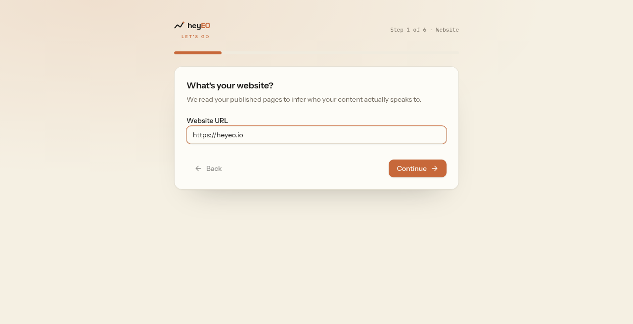 Project setup wizard step asking for website URL, showing heyeo.io