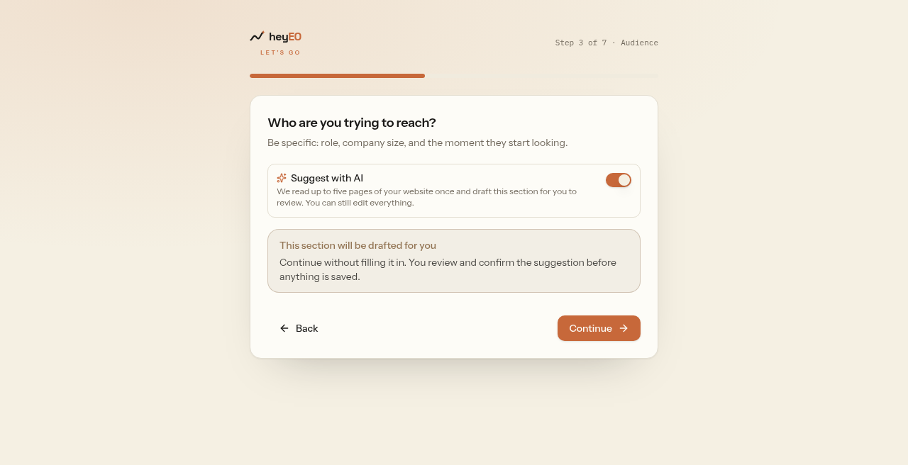 Onboarding form with Suggest with AI switches for ICP, competitors, and markets